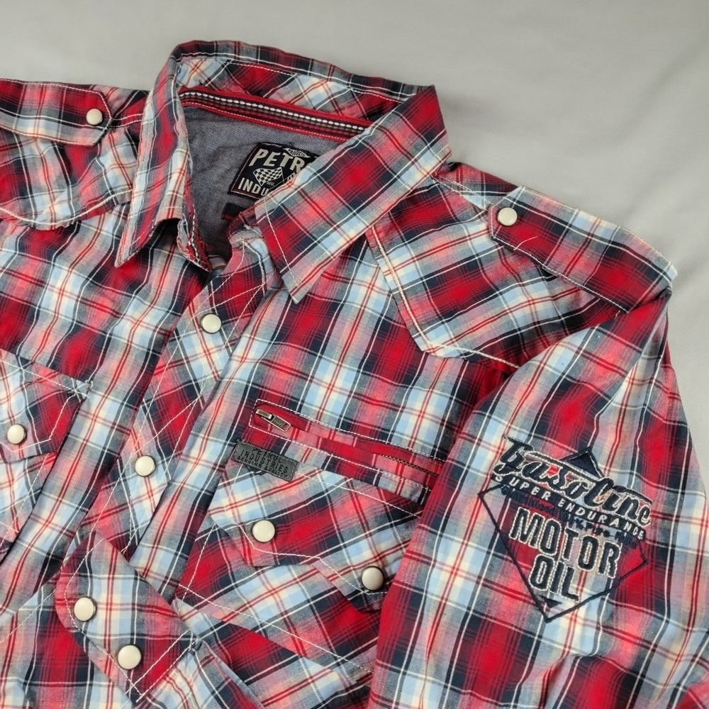 Petrol Industries Western Shirt Mens S Plaid Red Black Embroidered Cowboy EUC